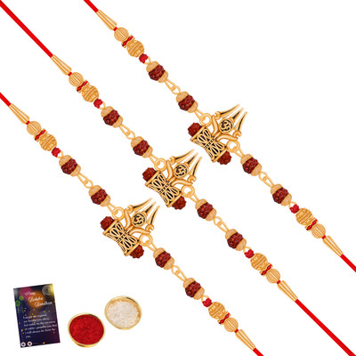 Kwisy Creation Religious RKKW-4334-Q3 Mauli Thread Rakhi  Set(3 Bhaiya Rakhi With Roli Chawal And Raksha Bandhan Greeting Card)