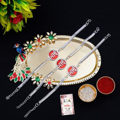 SILVER SHINE Religious RKNM-1064-4336-Q3 Mauli Thread Rakhi  Set(3 Bhaiya Rakhi With Roli Chawal And Greeting Card With Pooja Thali)