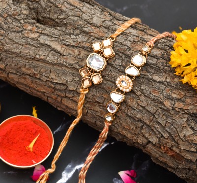 THE INDIA STYLE Designer Kunden Bhaiya Bhabhi Pair Rakhi set Combo of 2 Mauli Thread, Kundan Rakhi, Chawal Roli Pack  Set(Kunden Bhaiya Bhabhi Pair Rakhi set of-2, 1 Packet Roli Chawal)