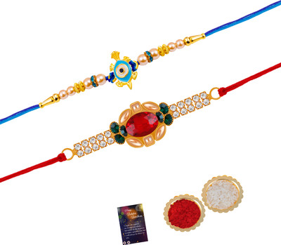 SILVER SHINE Bhaiya Bhabhi NM-4196-4169 Mauli Thread Rakhi, Greeting Card, Chawal Roli Pack  Set(2 Bhaiya Rakhi With Roli Chawal And 1 Raksha Bandhan Greeting Card)