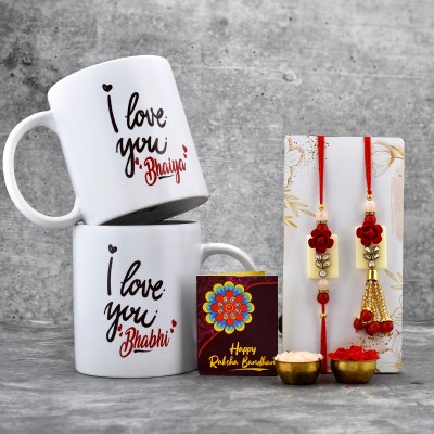 Tonkwalas Mug, Rakhi, Lumba, Greeting Card, Chawal Roli Pack  Set(2 Printed Coffee Mug, 1 Designer Lumba Rakhi, 1 Best Wishes Card, 1 Roli Chawal Packet)