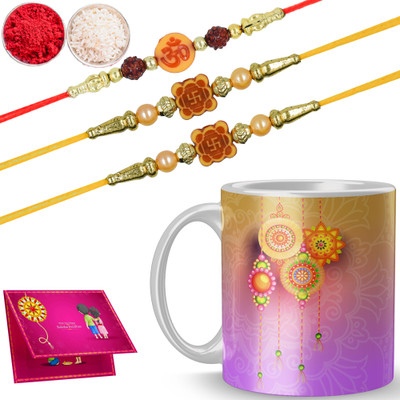 VRAANTIKA Thread Rakhi-Set-2025-D-2041_NEWADN1605 Mauli Thread Mug  Set(Coffee Mug , 3 Dora Rakhi , Roli Chawal , Greeting Card)