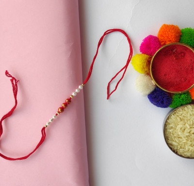 PDR Poonam Designer PD-1PC-R_DORI-RED-TT Mauli Thread Chawal Roli Pack, Rakhi  Set(1 Designer Rakhi, 1 chawal roli pack)