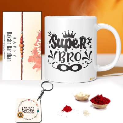 GiftsOnn Designer INNER-WHITE-SUPER--BOR-01 Mauli Thread Mug, Rakhi, Chawal Roli Pack  Set(Super Bro Printed white mug, Chandan Rakhi, Roli Chawal, For Brother, For rakhi)