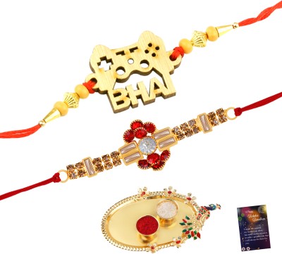 SILVER SHINE Bhaiya Bhabhi NM-1064-3002-4167 Mauli Thread Rakhi, Thali, Greeting Card, Chawal Roli Pack  Set(2 Bhaiya Rakhi With Roli Chawal,1 Greeting Card 1 Kankawati Pooja Thali)