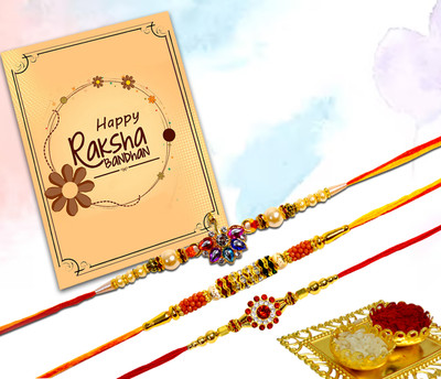 Avirons Designer Fancy Rakhi for Bhaiya | Designer Rakhi for Brother | Rakhi for Bhai-SG23123-1 Gold Rakhi, Greeting Card, Chawal Roli Pack  Set(3 Designer Rakhi with Roli Akshat Pack, 1 Greeting Card)