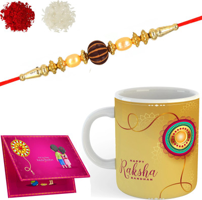 VRAANTIKA Thread Rakhi with mug_SR571_1507 Gold Finish Rakhi, Chawal Roli Pack, Greeting Card, Mug  Set(1 Rakhi, 1 Mug, 1 Roli & Chawal, 1 Card)