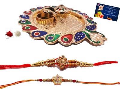 KAVIM Rakhi, Chawal Roli Pack, Thali, Greeting Card  Set(1 Om and 1 Ganesh Ji Designer Rakhi n 15 cm Pooja Thali , Greeting)