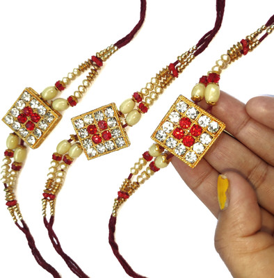 PDR Poonam Designer PD-3 PC HP 2Dori White _ Red AD Rakhi-22- Mauli Thread, Pearl Rakhi  Set(3 Piece Fancy Designer Rakhi for Brother)