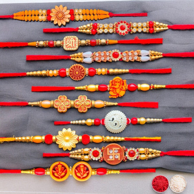 RakhiDhaga Designer D4-H2-B2-H4-B10-C3-C1-C6-C2-H12-C4 Assorted Rakhi, Chawal Roli Pack  Set(11 Rakhi, Roli, Chawal)