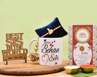 PRIDE STORE Designer "Best Behan Ever" Printed Mug, 2 Unique Rakhis, Showpiece,RakhiCard & Tilak Pack Mauli Thread, Gold Finish, Pearl Rakhi, Mug, Greeting Card, Chawal Roli Pack, Showpiece  Set(1Best Behan Ever Printed Mug, 2 Unique Rakhis,1Showpiece,1RakhiCard, 1Tilak Pack) deal from flipkart