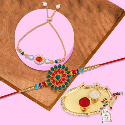 ShreejiHuf Designer SHHRK-1064-4335-4323 Mauli Thread Rakhi  Set(1 Bhaiya/1 Bhabhi Rakhi With Roli Chawal And Greeting Card With Pooja Thali)