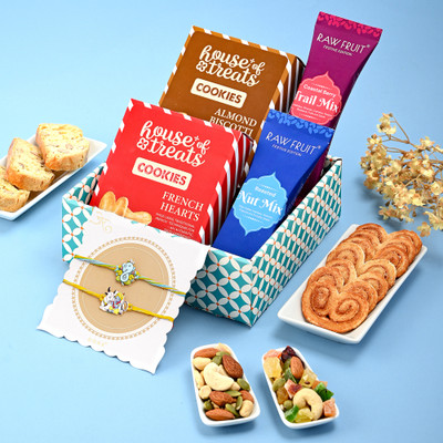 HyperFoods Religious Rakhi Gourmet Delights With Set of 2 Rakhi Assorted Rakhi  Set(French Hearts, Almond Biscotti, Nuts Mix, Trail Mix, 2 Rakhi with Roli & Chawal)