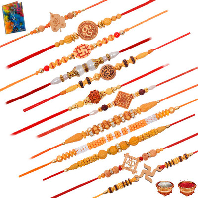 Earnam Designer Lotus Design rakhi Dora Rakhi Combo of 5 RAKHI SET For Brother With Greeting Card Roli Chawal Assorted Greeting Card  Set(12 Rakhi set 1 Greeting Card 1 Roli Chawal)