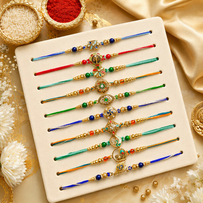 Designer Rakhi-57 Assorted Rakhi, Chawal Roli Pack, Greeting Card Set by Dreamica(1 Roli chawal pack,1 Greeting card,10 Rakhi.)