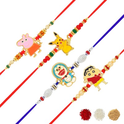 FRESH VIBES Kids FVC-RKH003 Plastic (PVC) Rakhi, Chawal Roli Pack  Set(1 Shin Chan + 1 Doraemon +1 Peppa Pig + 1 Pokemon Rakhi + 1 Chawal Roli Set)