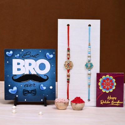 Tonkwalas Designer Rakhi Gift Set For Brother Combo With Roli Chawal Greeting Card- FRM2-C16-C2 Mauli Thread Showpiece, Rakhi, Greeting Card, Chawal Roli Pack  Set(1 Table Top MDF Frame, 2 Designer Rakhi, 1 Roli Chawal Packet, 1 Best Wishes Card)