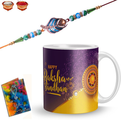 Plakasha creations Designer R-145-UP Mauli Thread Rakhi, Mug, Greeting Card, Chawal Roli Pack  Set(1 Rakhi 1 Mug 1 Roli Chawal 1 Greeting Card)