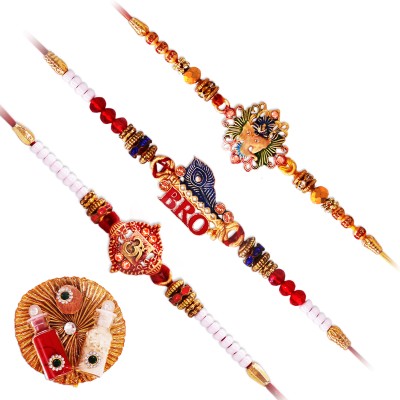 Arsuvi Designer B12+B13+B15_SO3_074 Gold Finish Rakhi, Chawal Roli Pack  Set(3 Designer Rakhi (Om+BRO+GaneshJi), 1 Roli And 1 Chawal Pack)