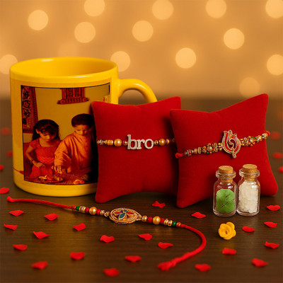 SMILES GIFT Thread Personalized Coffee Mug Rakhi Set with 2 Rakhis & Roli Chawal – Raksha Bandhan Assorted Mug  Set(1 Mug, 2 Rakhi, 1 Roli Box, 1 Chawal Box)