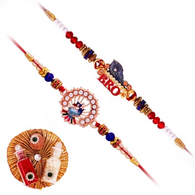 Arsuvi Designer B13+B18_SO2_049 Gold Finish Rakhi, Chawal Roli Pack  Set(1 AD Peacock Rakhi, 1 Bro Designer Rakhi, 1 Roli And 1 Chawal Pack)