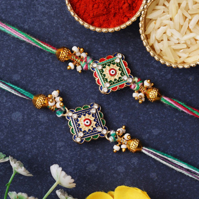 eCraftIndia Designer D1606 Assorted Rakhi  Set(Set of 2 Rakhis, 1 Roli Chawal Pack)