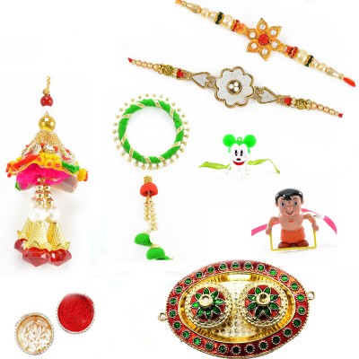 Traditional India Bracelet RK_ThaliSet-H137 Assorted Rakhi  Set(2 Rakhi, 1 Lumba, 2 Kids rakhi, Thali, Roli Chawal, Greeting Card)