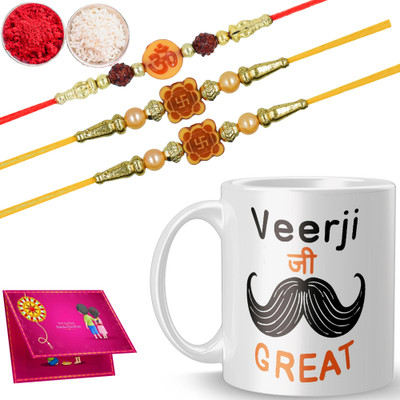 VRAANTIKA Thread Rakhi--Mug-Set-2025-D-2111_NEWADN1605 Mauli Thread Mug  Set(Coffee Mug , 3 Dora Rakhi , Roli Chawal , Greeting Card)