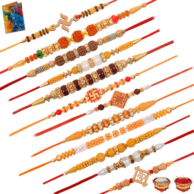 Plakasha creations Bracelet simple rakhi Rudraksha Rakhi Combo of 12 Rakhi set For Brother With Greeting Card Roli Chawal Mauli Thread Rakhi, Chawal Roli Pack, Greeting Card  Set(12 Rakhi set 1 Greeting Card 1 Roli Chawal)