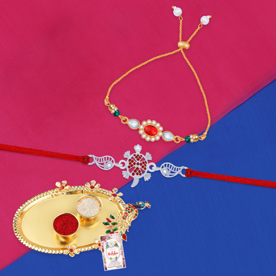 Kwisy Creation Bhaiya Bhabhi KWRKK-1064-4335-4338 Mauli Thread Rakhi  Set(1 Bhaiya/1 Bhabhi Rakhi With Roli Chawal And Greeting Card With Pooja Thali)