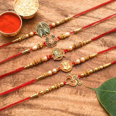 Poorak Religious 23RK_3RM_CR Assorted Rakhi, Chawal Roli Pack  Set(5 Rakhi)