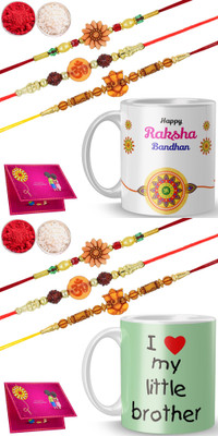 NEWADN Thread MR-RR2-M2-R40 & MR-RR2-M2-R93 Gold Finish Rakhi, Chawal Roli Pack, Greeting Card, Mug  Set(2 Rakhi Set)