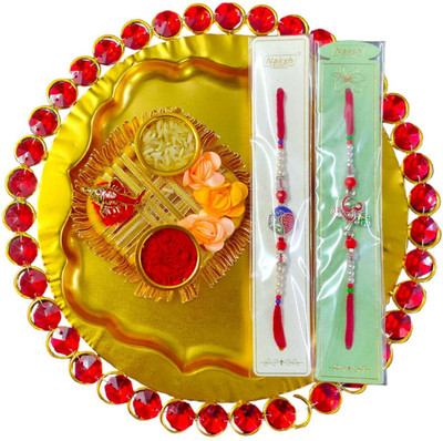 Puff Smart Bhaiya Bhabhi Rakhi Mauli Thread Rakhi  Set(Single Red Sone Pooja Small Thali, 2pc Rakhi & Roli Chawal Stand Combo Set)