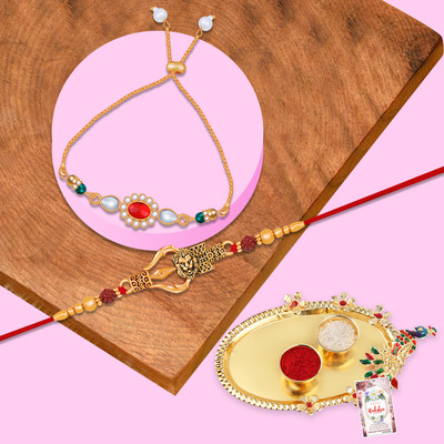 ShreejiHuf Designer SHHRK-1064-4335-4331 Mauli Thread Rakhi  Set(1 Bhaiya/1 Bhabhi Rakhi With Roli Chawal And Greeting Card With Pooja Thali)