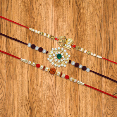 R A Enterprises Thread R-A-EN_54 Mauli Thread Chawal Roli Pack  Set(3 Rakhi, 1 Roli, 1 Chawal)