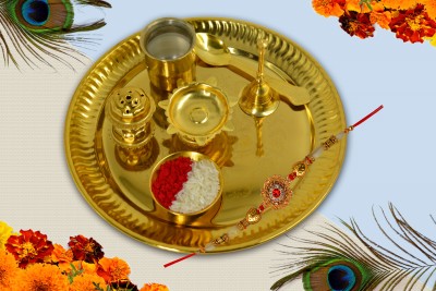 Avirons Religious Rakhi Gift for Brother | Rakhi with Thali Set IZ16 Mauli Thread Rakhi, Thali, Chawal Roli Pack  Set(1 Designer Rakhi with Roli, 1 Golden Plated Pooja Thali Set in Golden Box)