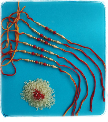 pleasing forest Designer PD-Rakhi-6 PC-2 Red Stone with Dholak-N Mauli Thread, Kundan Rakhi, Chawal Roli Pack  Set(6 Piece Handmade Fancy Designer Rakhi for Mens & Kids, 1 Roli chawal)