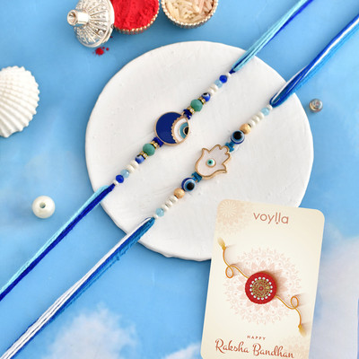 Voylla Thread Pack Of 2 Evil Eye Hamsa Charms Men's Rakhis Mauli Thread Chawal Roli Pack  Set(Pack of 2)