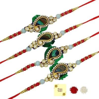 Dms Retail Thread Golden Beads Rakhi Combo Of 4 Rakhi With Roli Chawal Assorted Rakhi  Set(4 Rakhi)