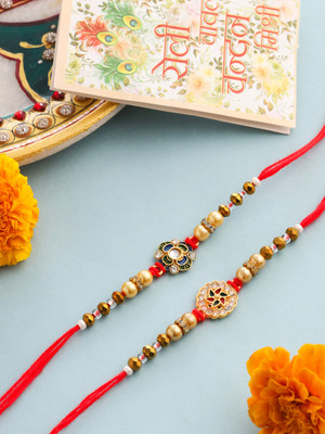 NVR Thread Pack of 2 Kundan Studded Designer� Rakhi for Brother Mauli Thread Chawal Roli Pack  Set(2 Rakhi)