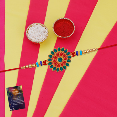 NM CREATION Designer RKOJW-4323 Mauli Thread Greeting Card  Set(1 Bhabhi Rakhi With Roli Chawal And Raksha Bandhan Greeting Card)