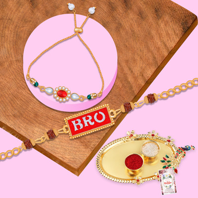 ShreejiHuf Designer SHHRK-1064-4335-4320 Mauli Thread Rakhi  Set(1 Bhaiya/1 Bhabhi Rakhi With Roli Chawal And Greeting Card With Pooja Thali)
