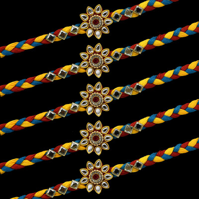 Saugat Traders Designer Pack of 5 Stone Rakhi for Brother with Chawal Roli Pack - Mauli Rakhi Mauli Thread, Kundan, Assorted Rakhi, Chawal Roli Pack  Set(Set of 5 Handmade Rakhi for Brother - Designer Rakhi Combo)