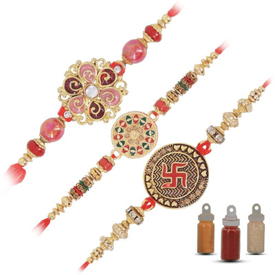 Dcrab Designer A4_Unique_87866 Assorted Rakhi  Set(3 rakhi 1 roli chawal Haldi pack)
