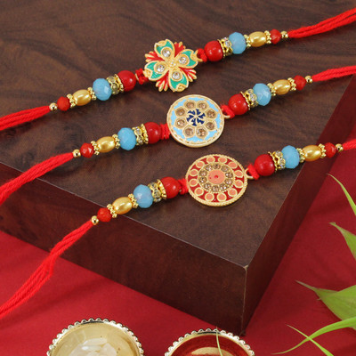 TIED RIBBONS Mindhal TR-RB24-Setof3rakhi-S005 Assorted Rakhi, Greeting Card, Chawal Roli Pack  Set(Fancy Rakhi for Brother - Designer Set of 3 Rakhi with Card and Roli Chawal)