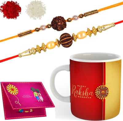 Vrantikaa Thread Rakhi with mug_SR735_13 Gold Finish Rakhi, Chawal Roli Pack, Greeting Card, Mug  Set(2 Rakhi, 1 Mug, 1 Roli & Chawal, 1 Card)