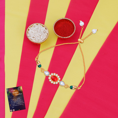 NM CREATION Designer RKOJW-4335 Gold Greeting Card  Set(1 Bhabhi Rakhi With Roli Chawal And Raksha Bandhan Greeting Card)