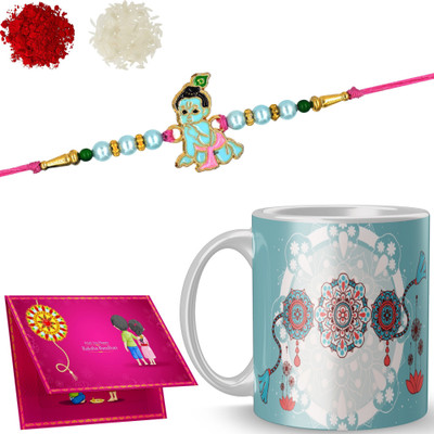 NAADN Thread Rakhi with mug_NAADN2310 Gold Finish Rakhi, Chawal Roli Pack, Greeting Card, Mug  Set(1 Rakhi, 1 Mug, 1 Roli & Chawal, 1 Card)