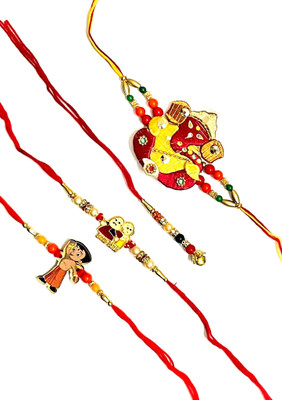 RN Creations Designer Rakhi Combo 3 Mauli Thread Rakhi  Set(1 Ganesh/2 Kids/1 Lumba Rakhi Pack of 4 rakhi with complementary Roli and Chawal)