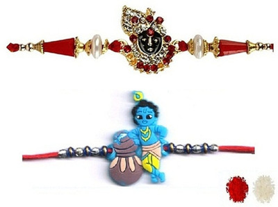 VR Creatives Kids Kids Krishna Rakhi and Krishna Face Two 2 Rakhi Combo Set for Brother Assorted Rakhi, Chawal Roli Pack  Set(2 rakhi:: 1 tika set)